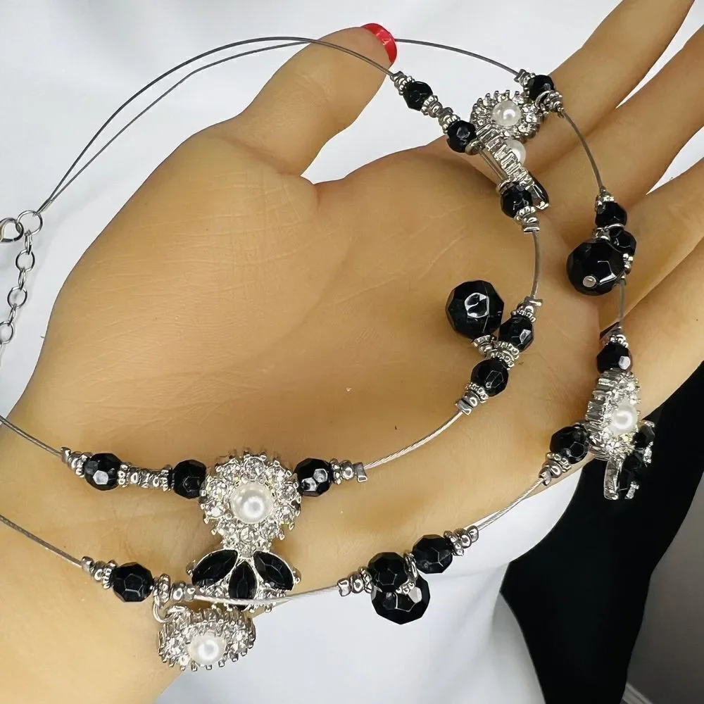 Ruby Rd. Two Strand Wire Layered Rhinestone Necklace Silver Black Tone 4448